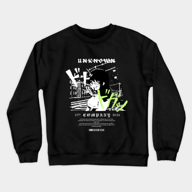 A crazy girl with anime design in a night city Crewneck Sweatshirt by UNKNOWN COMPANY